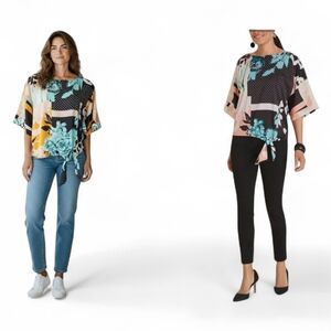 Chico's Blouse Kimono Sleeve Mixed Print Tie Front Size Small
